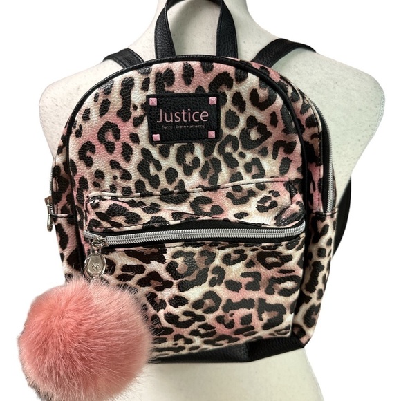 Justice Pink/Black/White Animal Print w/Pom Pom Backpack Faux Fur - Picture 1 of 10